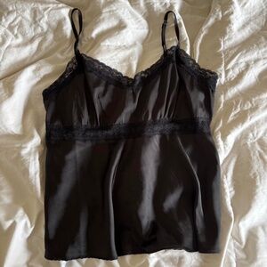 Black satin tank top with lace detail